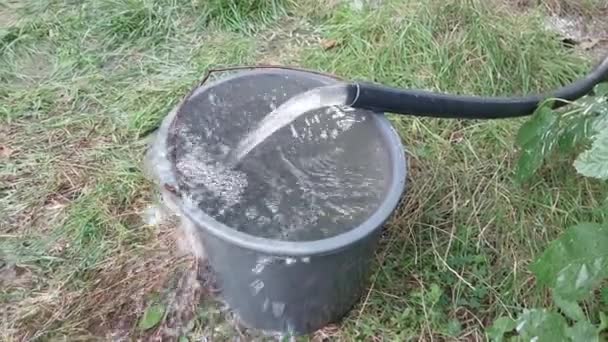 Water is poured from the well through a thick pipe into a bucket - Materiaali, video