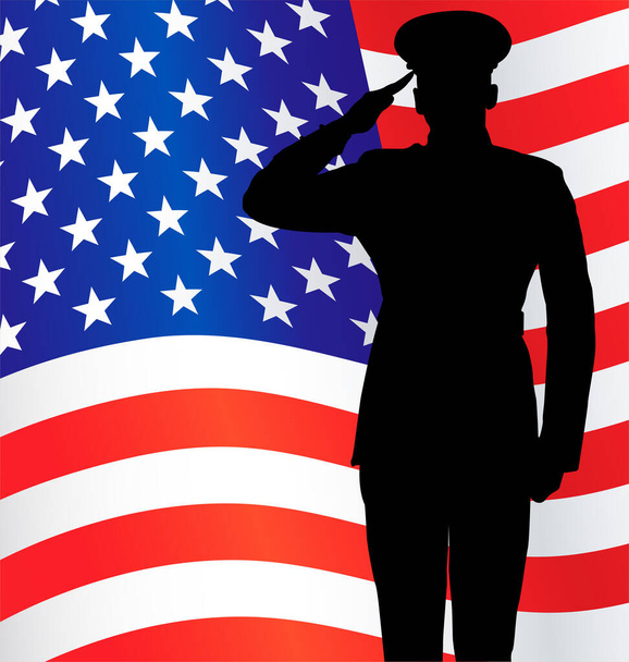 silueta de saludo militar o policial con bandera de EE.UU. - Vector, Imagen