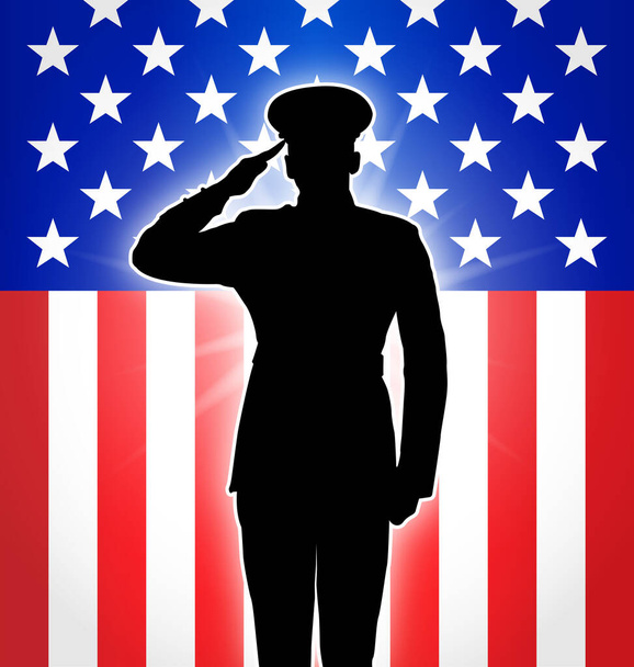 militaire of politie salueren silhouet met Amerikaanse vlag - Vector, afbeelding