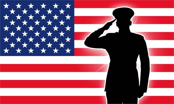 silueta de saludo militar o policial con bandera de EE.UU. - Vector, Imagen