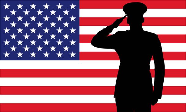 στρατιωτική ή αστυνομική χαιρετίζουν σιλουέτα με σημαία ΗΠΑ - Διάνυσμα, εικόνα