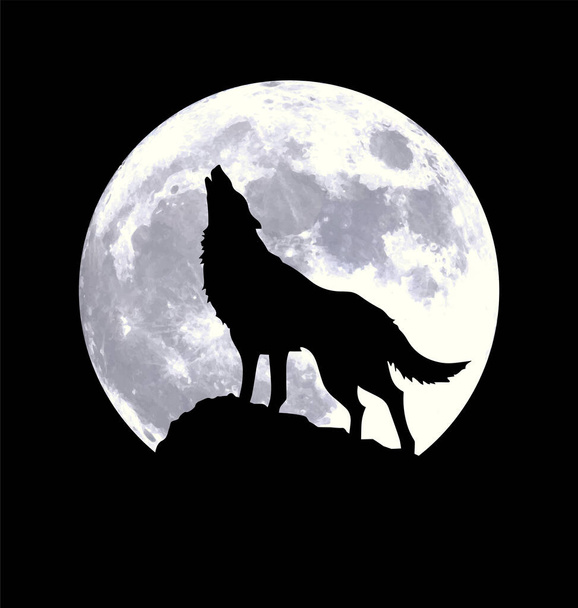 uivando silhueta lobo por lua cheia - Vetor, Imagem