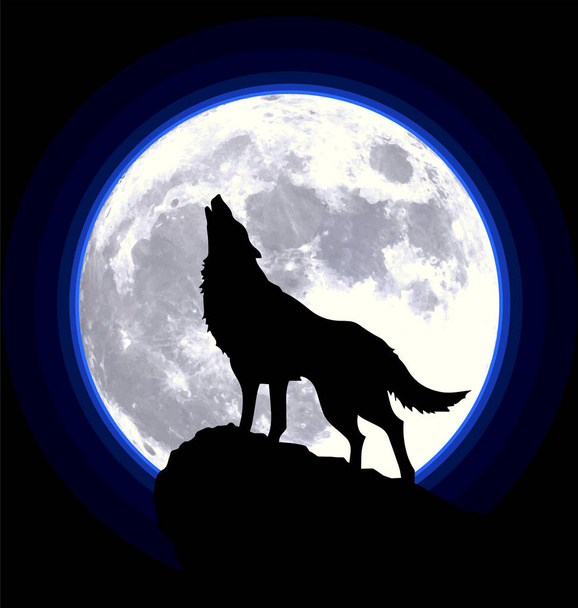 howling wolf silhouette by full moon - Vector, Image