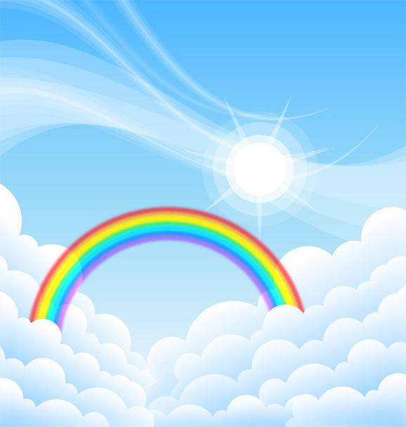 boven wolken blauwe lucht met zon en regenboog - Vector, afbeelding