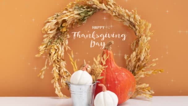 Happy Thanksgiving Day greeting video 4k with autumn composition from decorative pumpkins. High quality 4k footage - Video
