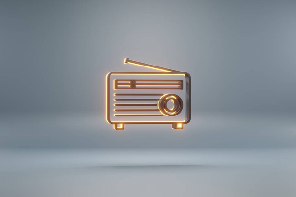 Красиве чорне Старе радіо з короткою антеною і жовтим світловим символом ікон на синьому фоні. 3d ілюстрація рендеринга. Шаблон тла для дизайну
. - Фото, зображення