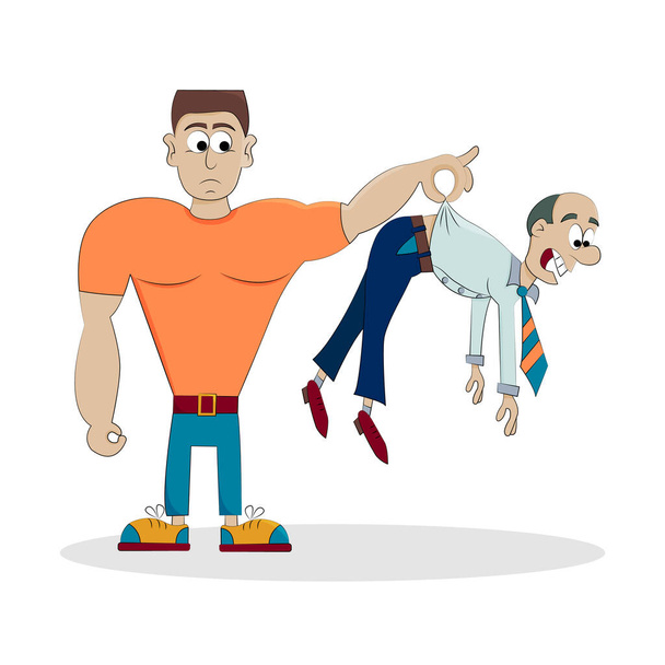 The concept of quitting your job. A giant employee dismisses a supervisor from his job. People overthrew the president. Dominance, power, justice. conceptual banner. Flat vector illustration, cartoon character. - Vector, Image