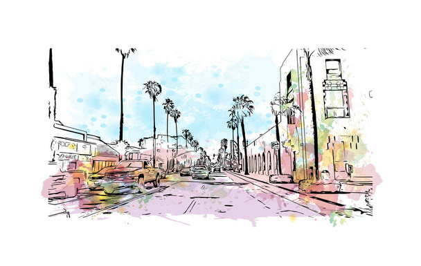 Вид Print Building з орієнтиром Океансайду є прибережним містом в Каліфорнії. Сплеск водяного кольору з накресленим малюнком у векторі. - Вектор, зображення