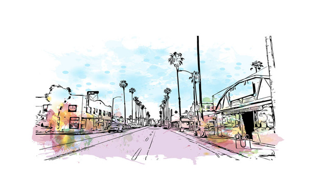 Print Building view with landmark of Oceanside is a coastal city in California. Watercolor splash with hand drawn sketch illustration in vector. - Vettoriali, immagini