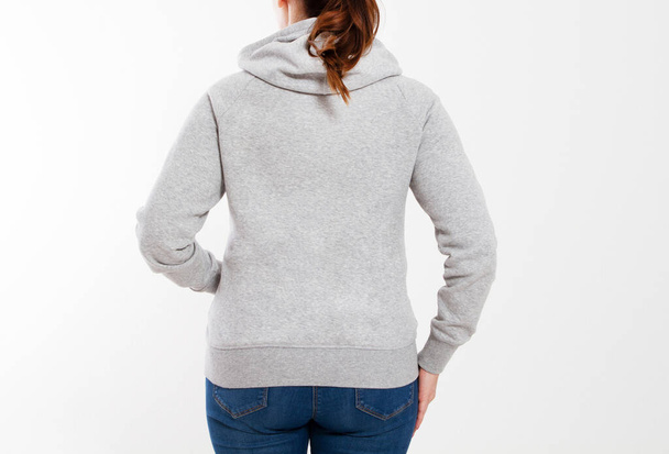 pretty woman in gray pullover hoodie mockup - back view - Fotografie, Obrázek