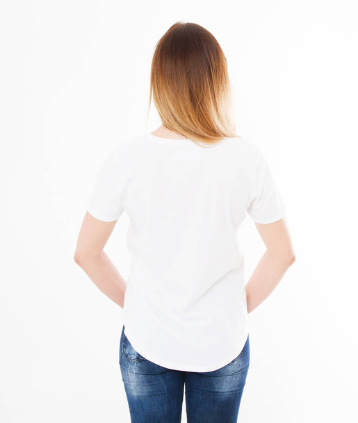 back view menina, mulher em isolamento t-shirt branco no fundo branco, espaço em branco, cópia - Foto, Imagem