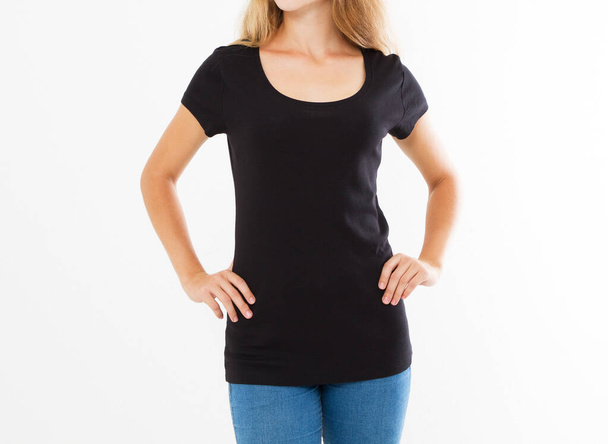 Beautiful girl woman in a black t-shirt cropped image mock up t shirt - Photo, image