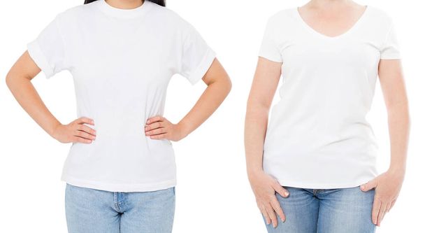 Woman white t shirt mockup, set empty blank tshirt, κορίτσι σε κενό t-shirt αντίγραφο χώρο, Λευκό μπλουζάκι απομονώνονται σε λευκό κολάζ φόντο ή σετ - Φωτογραφία, εικόνα