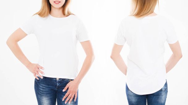 白い背景にスタイリッシュなTシャツの女性、女の子のフロントとバックビュー。デザインのためにモックアップ。コピースペース。テンプレート。ブランク - 写真・画像