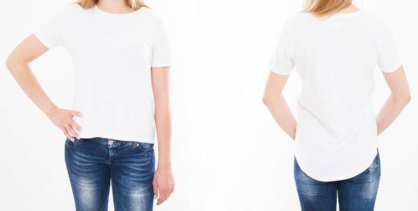 Front and back views of pretty woman, girl in stylish tshirt on white background. Mock up for design. Copy space. Template. Blank - Fotó, kép