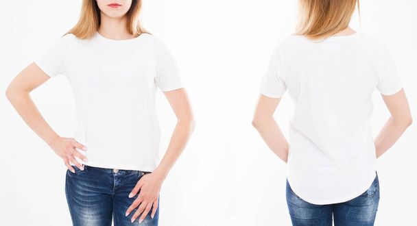 Front and back views of pretty woman, girl in tshirt on white background. Collage or set. Mock up for design. Copy space. Template. Blank - Photo, Image