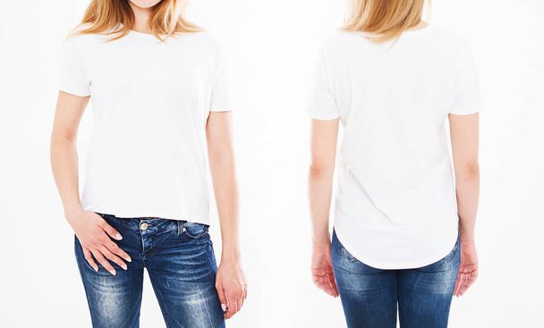 edestä ja takaa näkymät asettaa, kollaasi nainen t paita eristetty valkoisella pohjalla - Valokuva, kuva