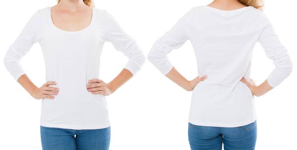 περικοπή γυναίκα εικόνα σε ένα μακρύ μανίκι t-shirt κολάζ απομονώνονται σε λευκό φόντο - Φωτογραφία, εικόνα