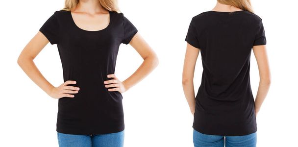 collage t-shirt vuota, donna in t-shirt bianca - vista posteriore anteriore, t-shirt nera - Foto, immagini