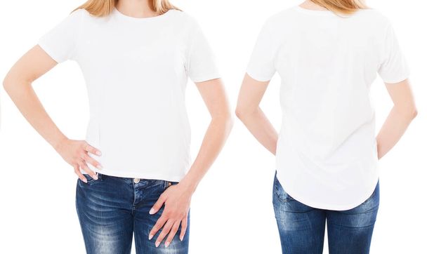 przycięty obraz z przodu widok kobieta w t-shirt izolowane na białym tle, koszulka dziewczyna - Zdjęcie, obraz