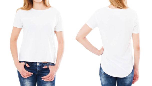 t-shirt verão conjunto isolado no branco, mulher apontada na t-shirt, ponto menina na tshirt - Foto, Imagem