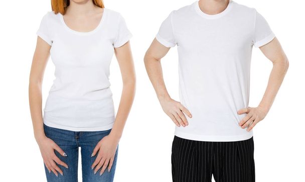 Uomo e ragazza in bianco T-shirt isolato su un bianco isolato, tshirt primo piano spazio copia vuota - Foto, immagini