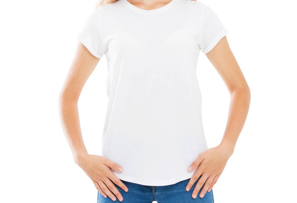 korean woman in white t-shirt isolated - girl in stylish t shirt close up - Photo, Image