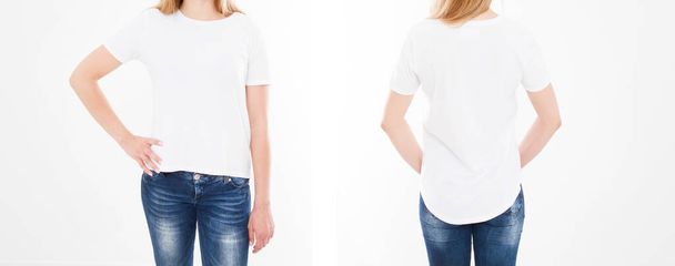 Front and back views of young sexy woman in stylish tshirt on white background. Mock up for design. Copy space. Template. Blank - Photo, Image