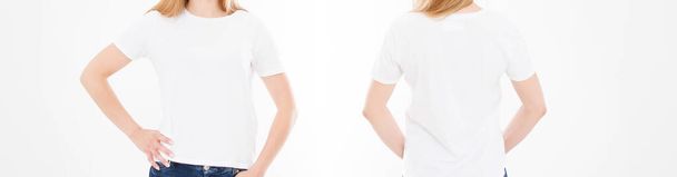 Vistas frontales y traseras de una joven sexy con una elegante camiseta sobre fondo blanco. Prepárate para el diseño. Copiar espacio. Plantilla. En blanco - Foto, Imagen