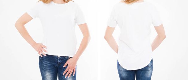 Vorder- und Rückansicht einer hübschen Frau, Mädchen in stylischem T-Shirt auf weißem Hintergrund. Mock up für Design. Kopierraum. Vorlage. Blanko - Foto, Bild