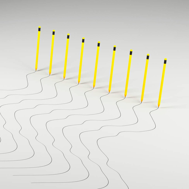 Line of pencils. Office school supplies. 3d rendering - Foto, Imagen