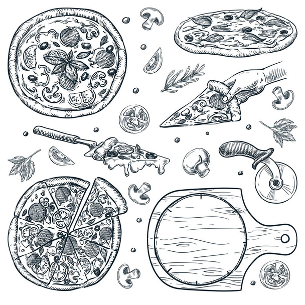 Italian pizza set, isolated on white background. Fast food snacks vector sketch illustration. Pizzeria menu hand drawn vintage design elements - Vetor, Imagem