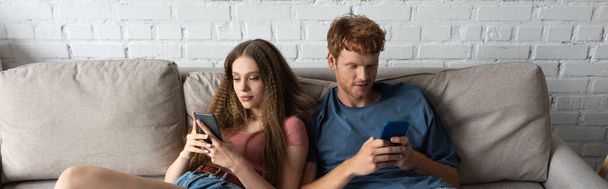 young couple using smartphones while sitting on couch in living room, banner - Photo, image