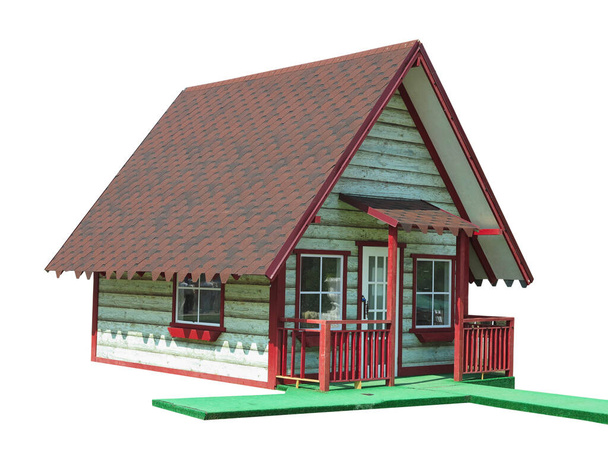 Concept of smal tiny house wooden with red roof isolated over white background - Zdjęcie, obraz