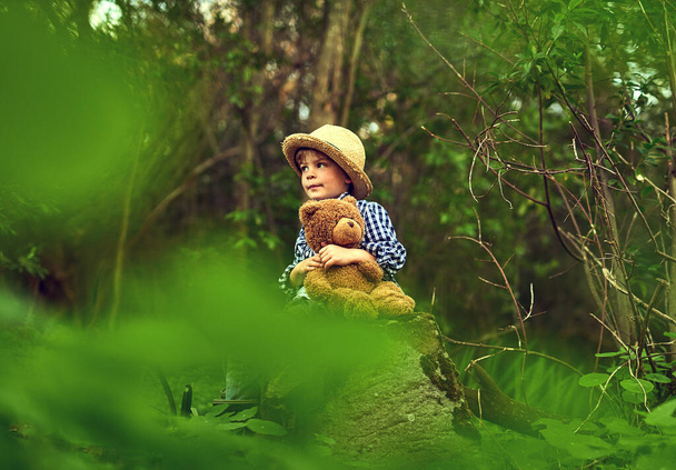 Connecting with nature. a little boy sitting in the forest with his teddy bear - 写真・画像