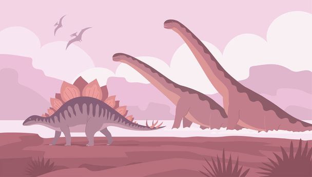 Большие зауроподы и стегозавр. Ящерицы купаются в воде. Травоядные динозавры юрского периода. Доисторический панголин. Научная палеонтология. Дикий пейзаж. Векторная иллюстрация - Вектор,изображение