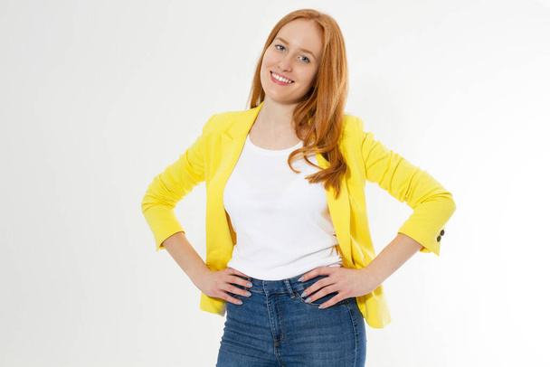 Young happy beautiful red hair woman over isolated background looking confident at the camera with smile and touching her hair. Thinking positive. - Foto, Imagen