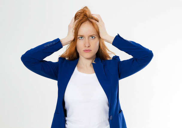 Cute, young beautiful red hair woman do facepalm. Redhead suffer girl headache failed to upset business face palm. Portrait of female doing facepalm posing against studio background. - Foto, Bild