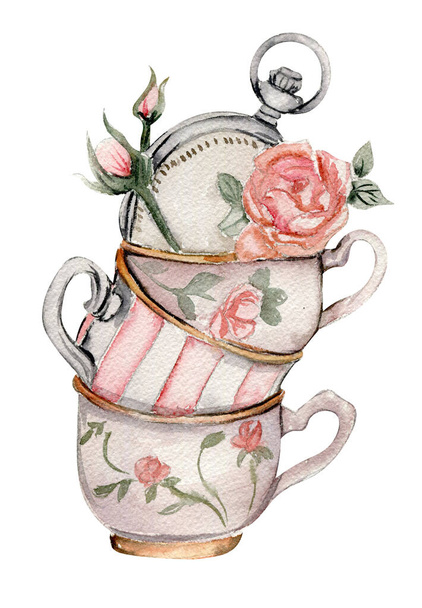 Tazas vintage dibujadas a mano con rosas y reloj de bolsillo - Vector, Imagen