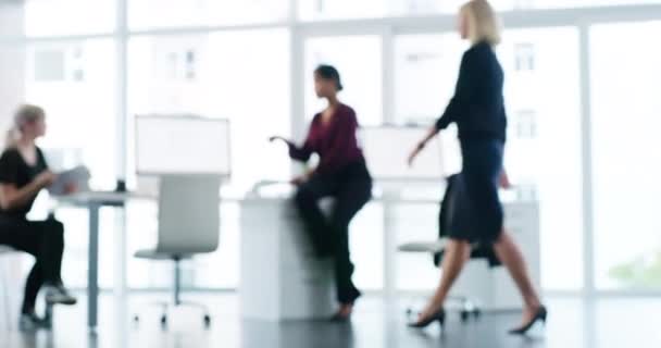Business, corporate and teamwork in an office of woman in collaboration meeting plan over blurred background. Group of professional executive employee women in communication out of focus in startup - Footage, Video