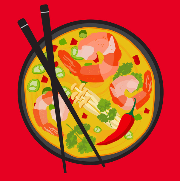 スープにエビとキノコを入れたラーメン麺アジアスープ - ベクター画像