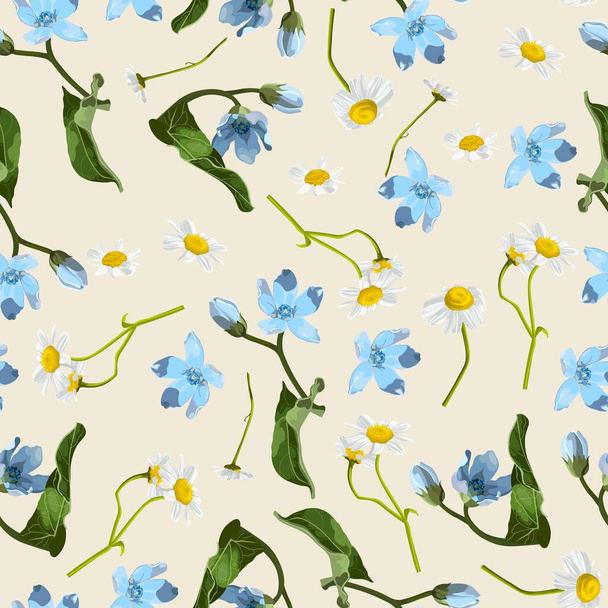 Seamless pattern with blue oxypetalum, camomille flowers, a beige background. Hand drawn sketch. Template for floral textile design, paper, wallpaper, web. - Vektor, Bild