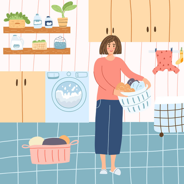 Happy woman in laundry with basket full of clothes in cartoon flat style. Vector illustration of girl in bathroom interior doing housework, female housekeeper character. - ベクター画像