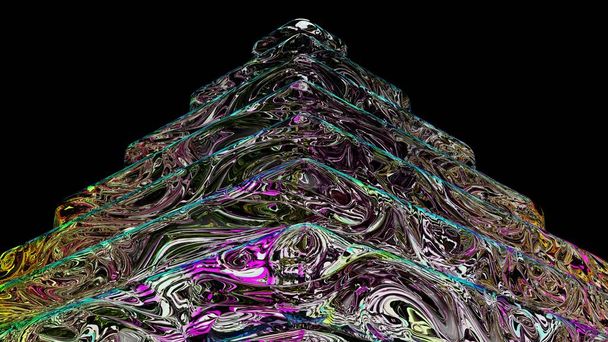 3D rendering. A crystal gem with swirl patterns and abstract shapes inside. Geometric body with an artistic abstract texture with many colors and lights - 写真・画像