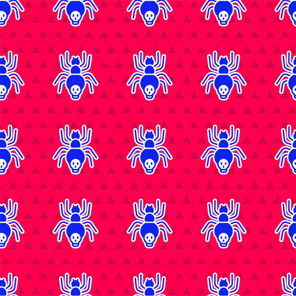 Blue Poisonous spider icon isolated seamless pattern on red background. Happy Halloween party. Vector. - Vector, imagen