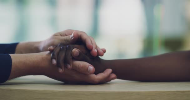 Hands of friends or couple for support, love and empathy in relationship or friendship after loss and grief. Diversity and inclusivity of black woman holding hands for trust, help and solidarity. - Záběry, video