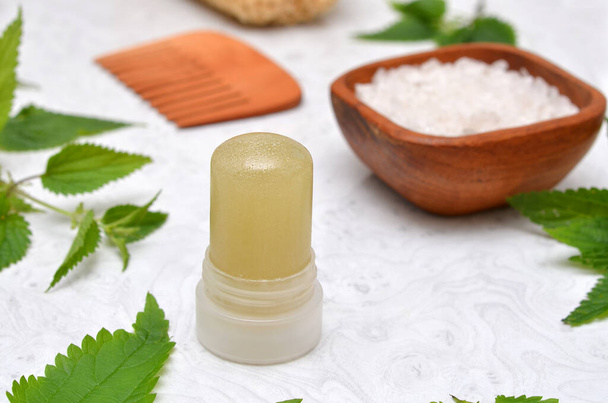 natural cosmetics, green antiperspirant sea salt on the bathroom table - Foto, immagini