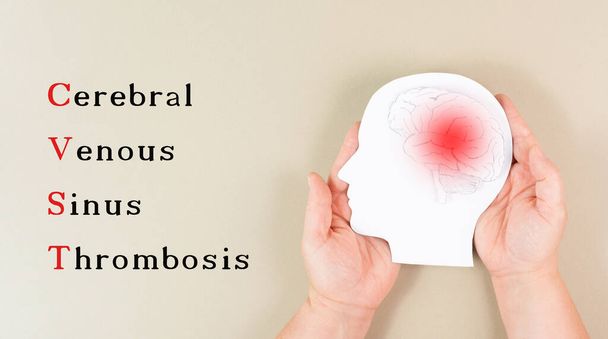 Cerebral venous sinus thrombosis is standing on the background, Silhouette of a head with a brain, red blood clot, side effect covid-19 vaccine - Fotó, kép