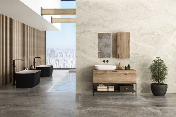 Яскравий інтер'єр ванної кімнати з бетонною підлогою, двома чорними ваннами і білою раковиною, внутрішнім басейном, рослиною, мармуровою стіною, видом збоку. Мінімалістична ванна кімната з сучасними меблями та видом на місто. 3D візуалізація
 - Фото, зображення