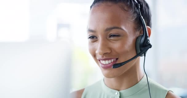 Woman at call center, contact us and telemarketing customer service help desk employee consulting a client. Contact center, customer care and insurance agent smile, laughing and friendly conversation. - Πλάνα, βίντεο